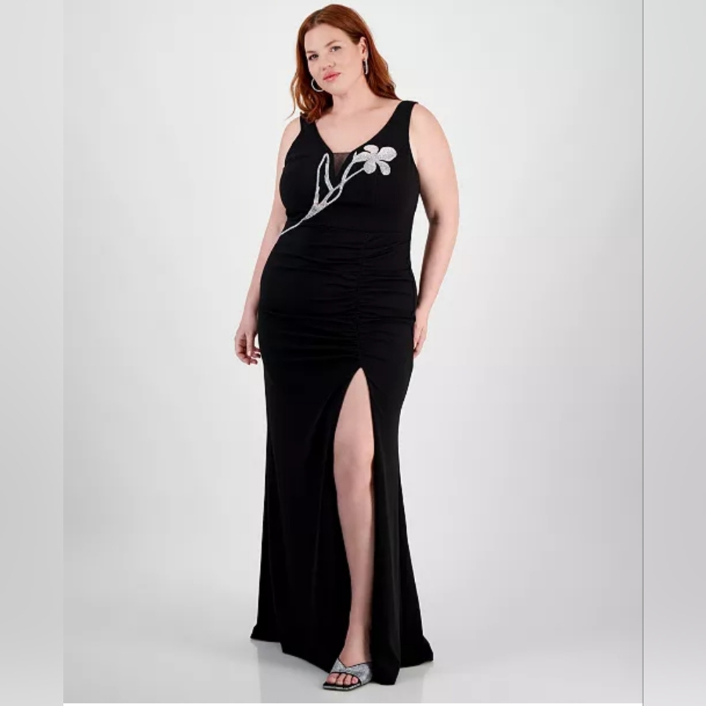 NWT City Studios Black Embellished Gown Plus Size 16W High Slit V-Neck